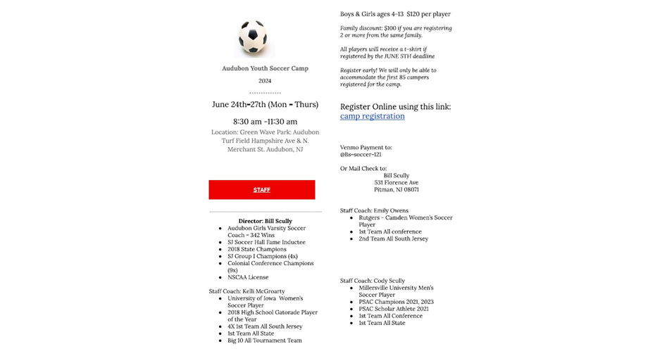 Audubon Youth Soccer Camp